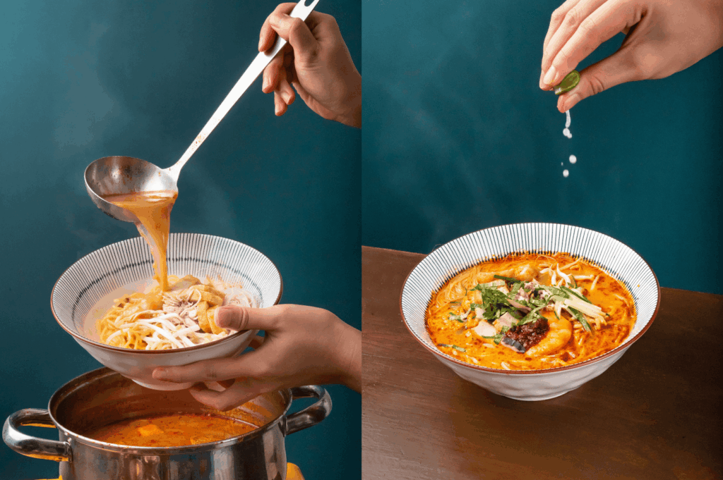 A split-screen showing the preparation of Singapore laksa, with laksa gravy being ladled into a regular bowl of rice noodles, thick bee hoon, and bean sprouts, followed by a finished dish served with fresh prawns, prawns, fish cake, fishcake, fried tofu puffs, tofu puffs, tau pok, hard boiled egg, cockles, blood cockles, chicken, and seafood. The spicy, creamy broth is made from coconut milk, evaporated milk, fresh coconut, and milk, cooked with laksa paste, blue ginger, dried shrimp, dried oysters, sambal, spices, sugar, lard, and garnish, then simmered to perfection. A hand squeezes lime over the soup, adding a fragrant, flavourful touch to this tasty, savoury food. Found in laksa stalls across Singapore, including Asia Delight Laksa, Janggut Laksa, Yishun Laksa, Sungei Road Laksa, and Ng Chwee Seng, this personal favourite laksa recipe is a must-eat at food centres, coffee shops, and stall locations near east coast road, jalan besar, and roxy square. Whether in a small bowl or with just a spoon or spoon, each stall opens with unique opening hours, offering iconic katong laksa, Singapore Katong laksa, and the best laksa stalls with unforgettable taste, curry, and lemak richness.