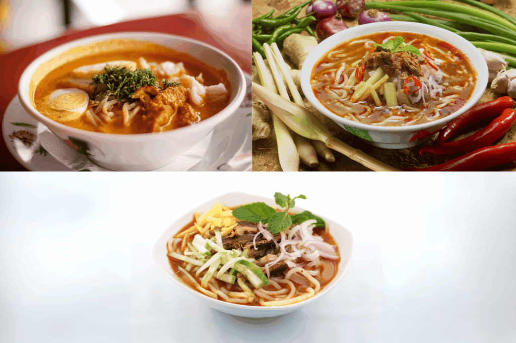 A vibrant trio of laksa bowls—each a personal favourite—showcasing Singapore Katong laksa with rice noodles, thick bee hoon, and noodles soaked in creamy laksa gravy made from coconut milk, evaporated milk, fresh coconut, and milk. The soup is spicy, savoury, and flavourful, cooked with laksa paste, blue ginger, dried shrimp, dried oysters, sambal, spices, sugar, lard, and garnish, then simmered to perfection. Toppings include fish cake, fishcake, fried tofu puffs, tofu puffs, tau pok, bean sprouts, hard boiled egg, fresh prawns, prawns, cockles, blood cockles, chicken, and seafood, all served in a regular bowl or small bowl with just a spoon or spoon on the side. This tasty dish is a staple at laksa stalls like Asia Delight Laksa, Janggut Laksa, Yishun Laksa, Sungei Road Laksa, and Ng Chwee Seng, found in food centres, coffee shops, and stall locations along East Coast Road, jalan besar, and roxy square. Whether you're exploring katong laksa or discovering the best laksa stalls, each stall opens with unique opening hours, offering a recipe that celebrates Singapore laksa's rich taste, curry broth, and lemak gravy. A true Singapore culinary icon you’ll want to eat again and again.