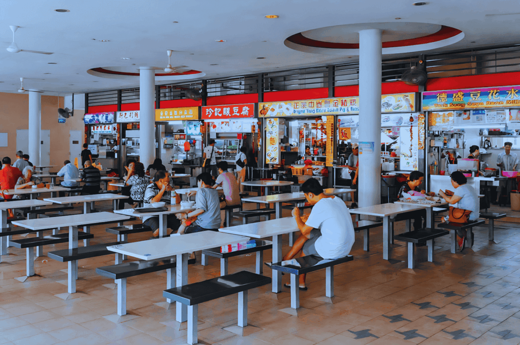 Indoor food centre in Singapore showcasing iconic hawker centres with rows of food stalls and street food vendors serving char kway teow with chinese sausage, hainanese chicken rice, nasi lemak with coconut milk, and other local dishes; diners seated at communal tables enjoying hawker food in a vibrant setting reminiscent of maxwell food centre, airport road food centre, or lau pa sat near the singapore river and central business district; hawker stalls display colorful signage featuring flat rice noodles, dark soy sauce, chili sauce, soy sauce, and stir fried dishes like hokkien mee and roti prata; a real life snapshot of singapore's hawker centers and hawker culture, offering mouthwatering food, hidden gems, and local cuisine from southeast asia—perfect for travel tips, blog post inspiration, and anthony bourdain-style food adventures across the city and surrounding islands.