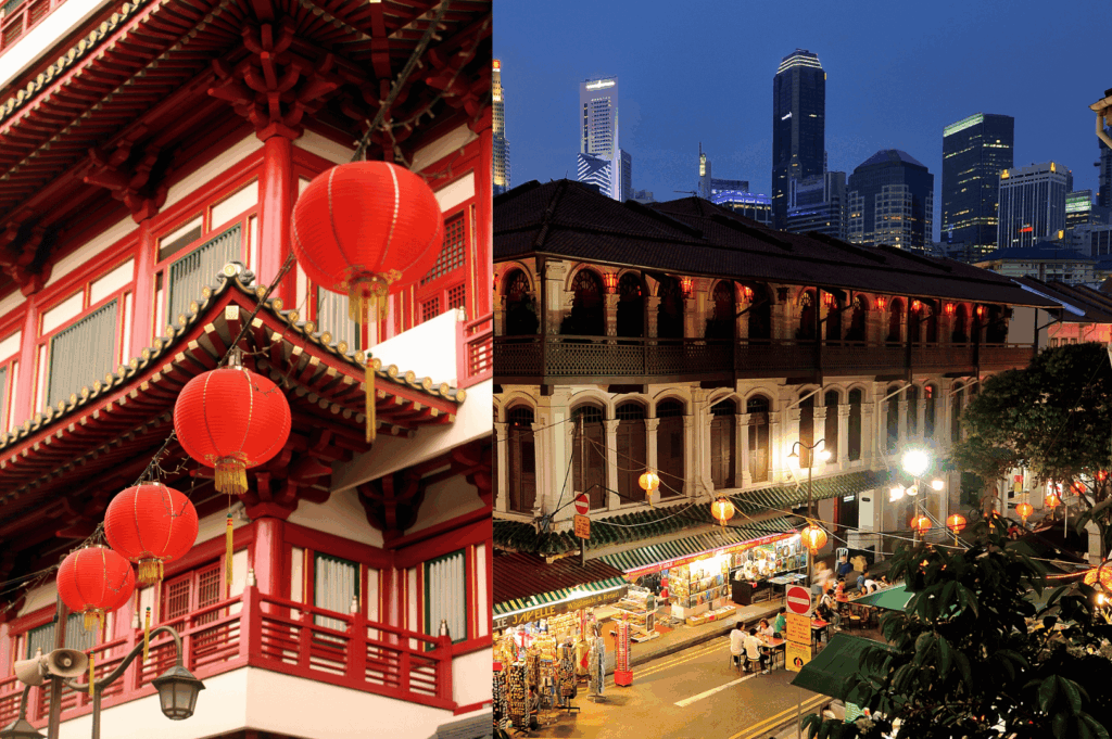 Split view of Singapore’s Chinatown: left side shows traditional Chinese architecture with red lanterns and ornate carvings; right side reveals a bustling night market framed by colonial buildings and modern skyscrapers—capturing the district’s dynamic blend of heritage and urban energy.