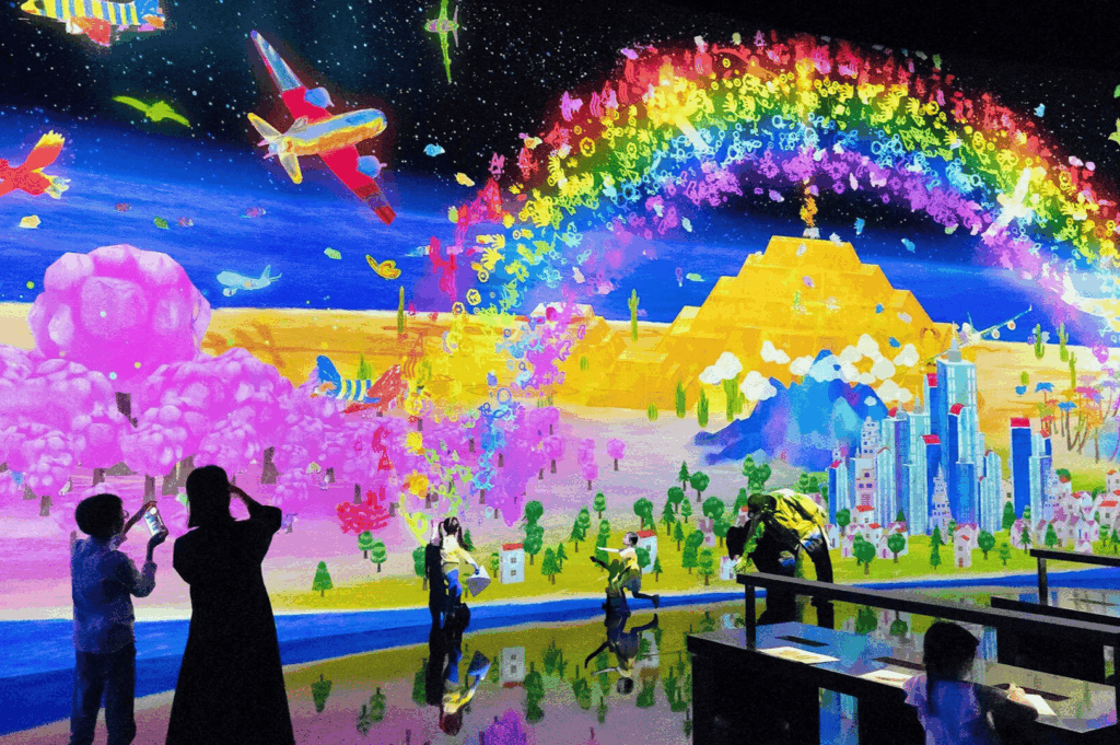 Immersive digital art installation in a modern city setting, part of the dynamic Singapore art scene where street art, urban art, and graffiti meet cutting‑edge visual arts experiences. The fantastical mural‑like projection, painted across a large interactive wall, features rainbow symbols, surreal landscapes, floating fish, pink trees, and a golden pyramid, inviting visitors to engage with art forms that span fine arts and performing arts. Located near public spaces, main streets, and boutique shops in neighbourhood hubs such as Victoria Street, Little India, Haji Lane, Clive Street, Kerbau Road, Rowell Road, Ann Siang Hill, Tiong Bahru, and Chinatown, it reflects the multicultural society of Singapore, a young nation in the Asia Pacific region and Southeast Asia. Influences from Chinese immigrants, India, China, and Asia blend traditional and art deco ideas with a modern way of storytelling, much like works by local and international artists including Yip Yew Chong, Ernest Zacharevic, and Novena Angela, who have helped develop art in Singapore. Supported by the National Heritage Board, Nanyang Academy, and Art SG, the installation celebrates emerging artists, the new generation, and international artists through art exhibitions, the Singapore Biennale, and collection highlights of sculptures, music, food, and life. From early exhibitions to today’s contemporary scene, this inspired work plays an important role in connecting history, culture, shops, streets, main road corridors, and events—even resonating with pop culture moments like Crazy Rich Asians—cementing Singapore’s place in the world of creativity.