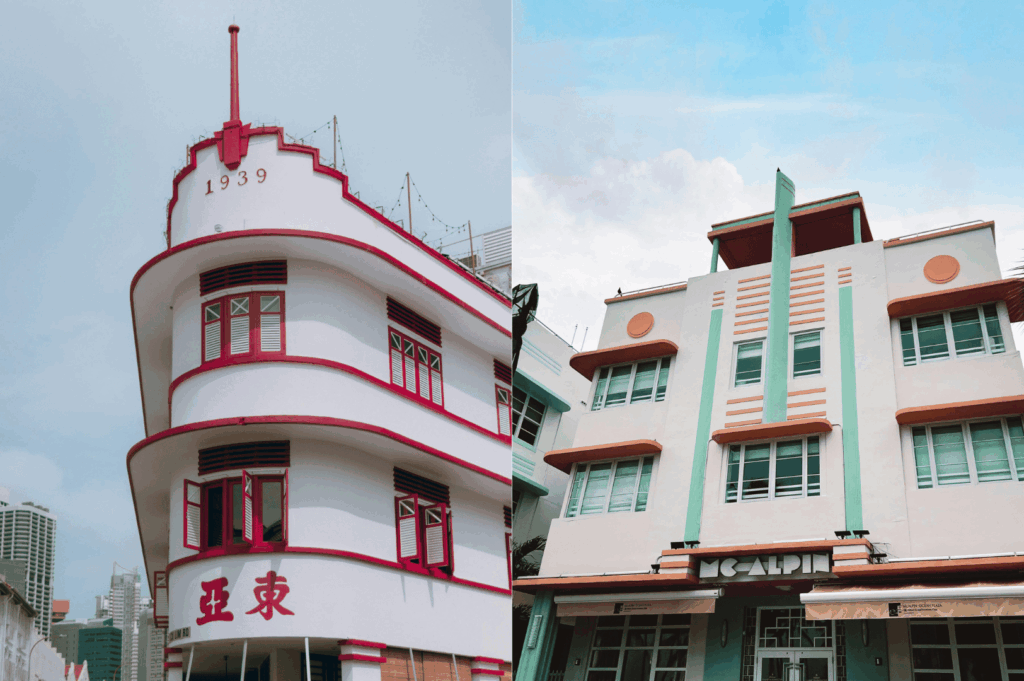 Side-by-side view of two Art Deco buildings showcasing Singapore’s architectural diversity. On the left, a 1939 structure with rounded corners, red accents, and Chinese characters reflects the city’s maritime and multicultural heritage. On the right, a geometric façade with green and peach detailing and the name “McALPIN” evokes Western Art Deco influences. Together, the buildings highlight the layered narratives explored in Singapore’s evolving heritage walk experiences.