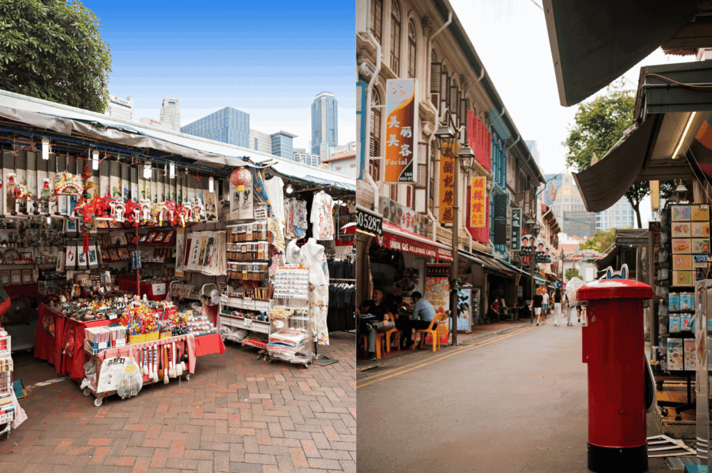 Split image of Singapore’s urban street markets: on the left, a souvenir stall brimming with red ornaments and trinkets beneath a canopy, set against modern high-rises; on the right, a narrow street lined with heritage shophouses, eateries, and a red post box, with skyscrapers looming in the distance. A visual juxtaposition of tradition and modernity, capturing the city’s dynamic cultural and architectural layers.