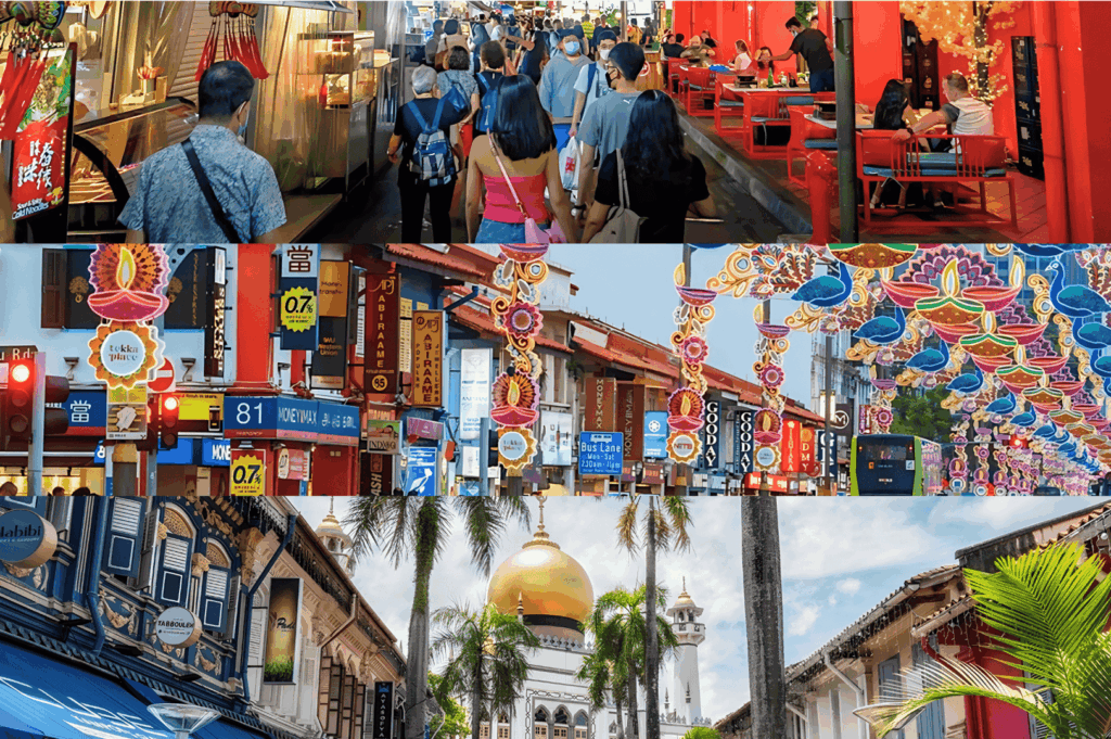 Vibrant collage showcasing Singapore neighbourhoods from bustling Chinatown streets and colourful shophouses in Kampong Gelam to the cultural charm of Little India, Joo Chiat, and Tiong Bahru, with hawker stalls offering good food and fresh produce, numerous restaurants, and bars. Highlights include Marina Bay skyline, Clarke Quay, Robertson Quay, Singapore River, Orchard Road shopping, Holland Village nightlife, Dempsey Hill dining, and the financial district. Scenes capture local Peranakan culture, residential area houses in Bukit Timah, Bukit Batok, Bukit Panjang, Pasir Ris, and Paya Lebar, plus nature lovers’ spots like East Coast Park and Sentosa Island with Sentosa Cove resorts. Easily accessible and easily accessed locations with easy access from Changi Airport, Eastpoint Mall, and hotels make it the best neighbourhood guide for young couples, expats, and residents to explore the melting pot of culture, history, and world-class attractions. From the Singapore Zoo to malls, nightlife, and island escapes, this city offers a point to head north, south, east, and west to visit every town, indulge in food, enjoy the country’s cultural heritage, and experience the world-famous lifestyle of Singapore.