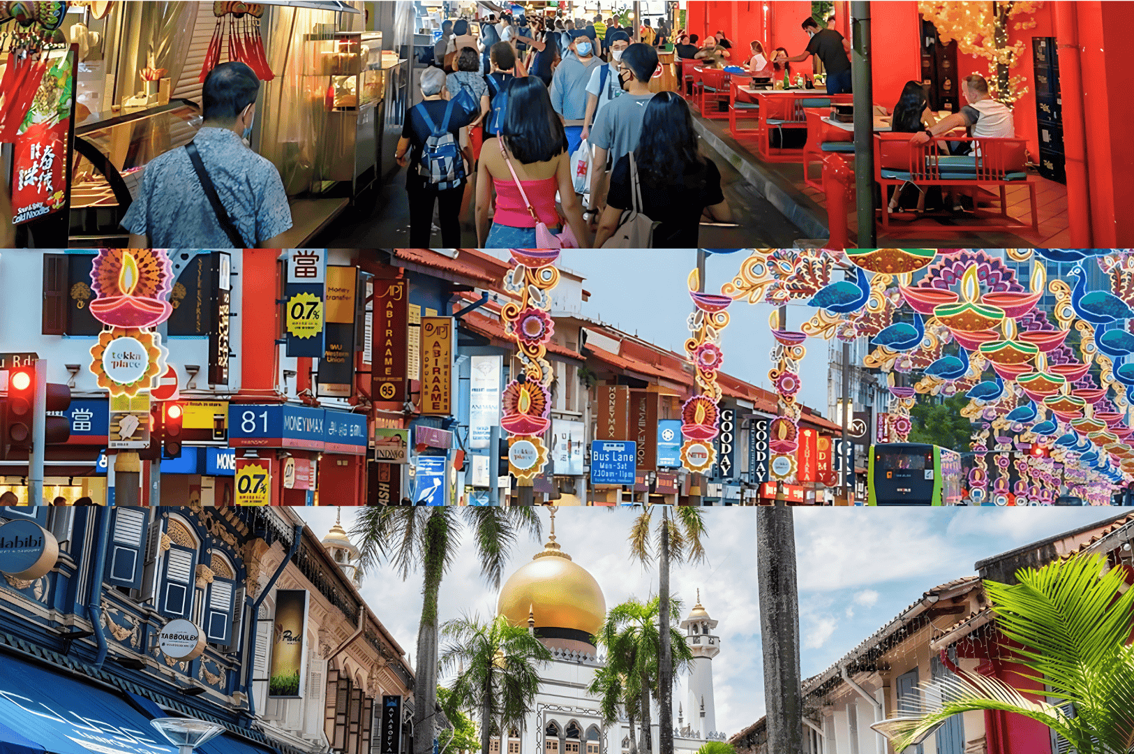Vibrant collage showcasing Singapore neighbourhoods from bustling Chinatown streets and colourful shophouses in Kampong Gelam to the cultural charm of Little India, Joo Chiat, and Tiong Bahru, with hawker stalls offering good food and fresh produce, numerous restaurants, and bars. Highlights include Marina Bay skyline, Clarke Quay, Robertson Quay, Singapore River, Orchard Road shopping, Holland Village nightlife, Dempsey Hill dining, and the financial district. Scenes capture local Peranakan culture, residential area houses in Bukit Timah, Bukit Batok, Bukit Panjang, Pasir Ris, and Paya Lebar, plus nature lovers’ spots like East Coast Park and Sentosa Island with Sentosa Cove resorts. Easily accessible and easily accessed locations with easy access from Changi Airport, Eastpoint Mall, and hotels make it the best neighbourhood guide for young couples, expats, and residents to explore the melting pot of culture, history, and world-class attractions. From the Singapore Zoo to malls, nightlife, and island escapes, this city offers a point to head north, south, east, and west to visit every town, indulge in food, enjoy the country’s cultural heritage, and experience the world-famous lifestyle of Singapore.