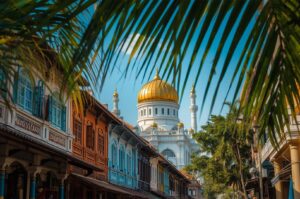 The magnificent white and gold-domed Sultan Mosque framed by colorful heritage shophouses and palm fronds, a landmark of Singapore's Kampong Glam district.