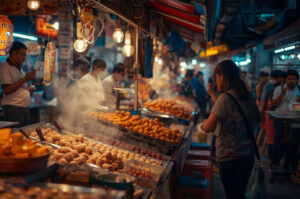 A vibrant night scene at a bustling Singapore hawker centre, with warm lights illuminating a stall filled with various street foods and customers ordering from a vendor.