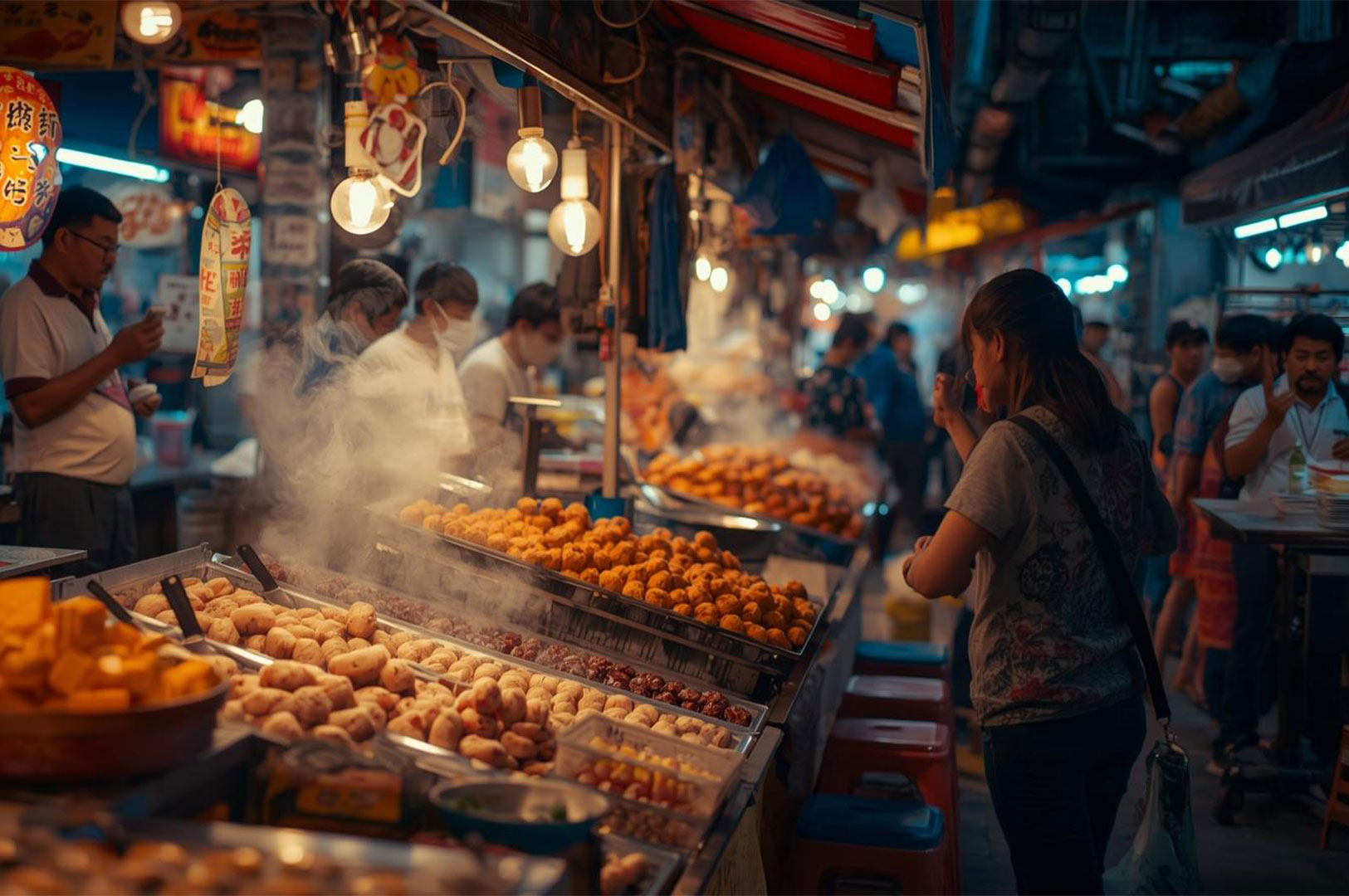 A vibrant night scene at a bustling Singapore hawker centre, with warm lights illuminating a stall filled with various street foods and customers ordering from a vendor.