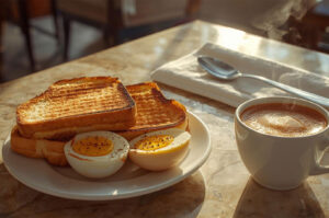 A classic Kopi Tiam breakfast set: a white plate with two slices of crispy kaya toast and two soft-boiled eggs sprinkled with pepper, next to a steaming cup of kopi (coffee) on a marble table.