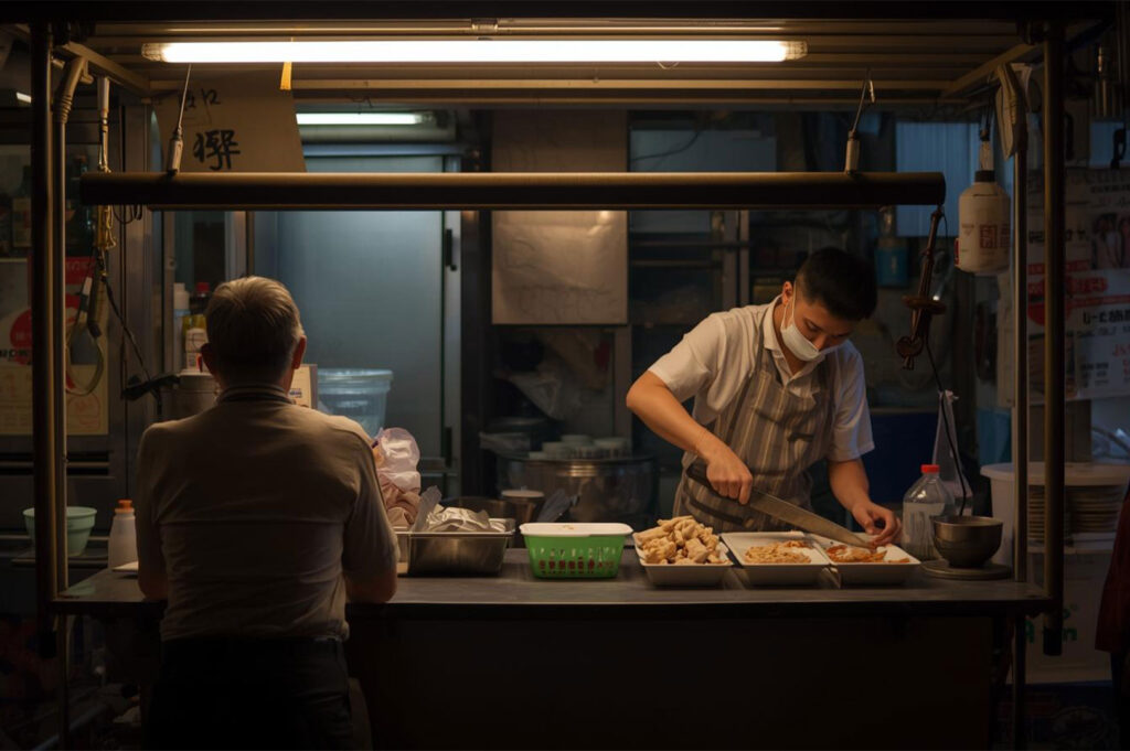 A dimly lit hawker stall counter where a young chef wearing a mask is carefully slicing pieces of chicken or meat, with a customer waiting in the foreground.
