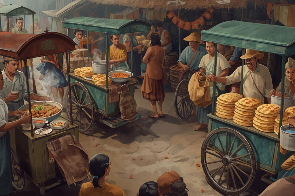 An illustration depicting the origins of Singapore's hawker culture, showing early immigrant street vendors with pushcarts selling food in a historical setting.