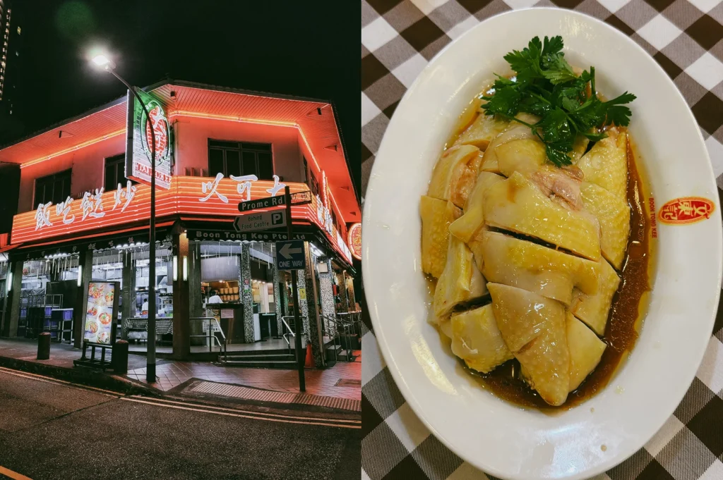 Left: A wide-angle, low-angle night shot of the exterior of a Boon Tong Kee restaurant corner building, illuminated by bright orange neon strip lighting and street lamps. Right: A close-up, top-down shot of a signature Hainanese chicken dish featuring glistening, sliced yellow-skin chicken arranged neatly on an oval white plate with soy sauce and a fresh parsley garnish.