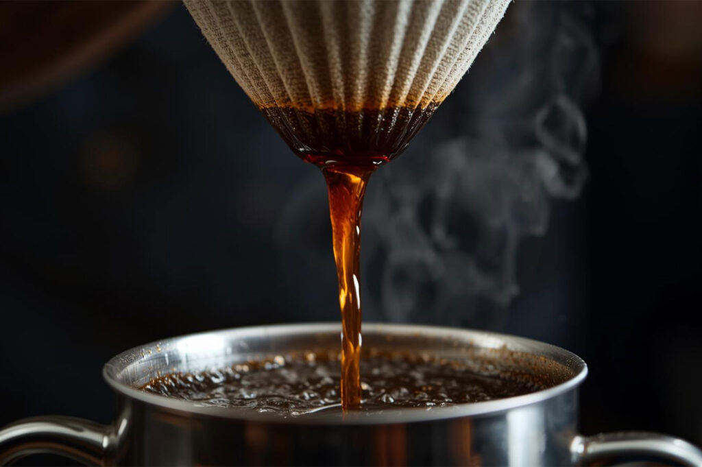 A close-up shot showing the traditional method of brewing Southeast Asian kopi, with dark, rich coffee dripping from a conical coffee sock (cloth filter) into a metal pot below.