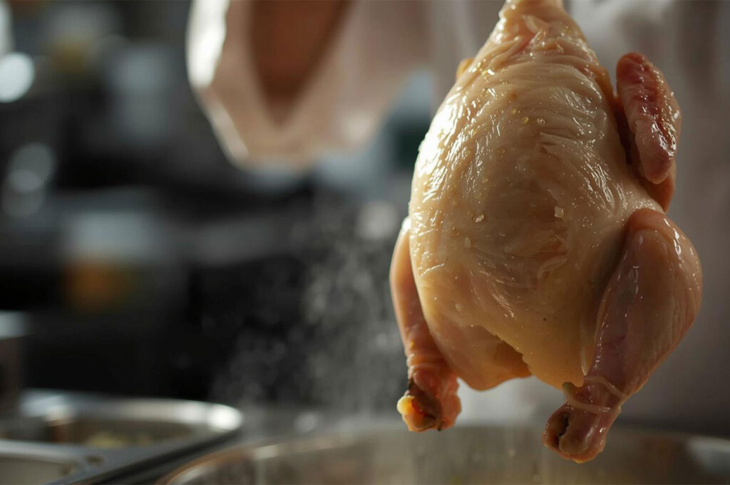 A close-up of a whole, raw or freshly poached chicken being held by a chef's hand, dripping water or broth, illustrating the preparation method.