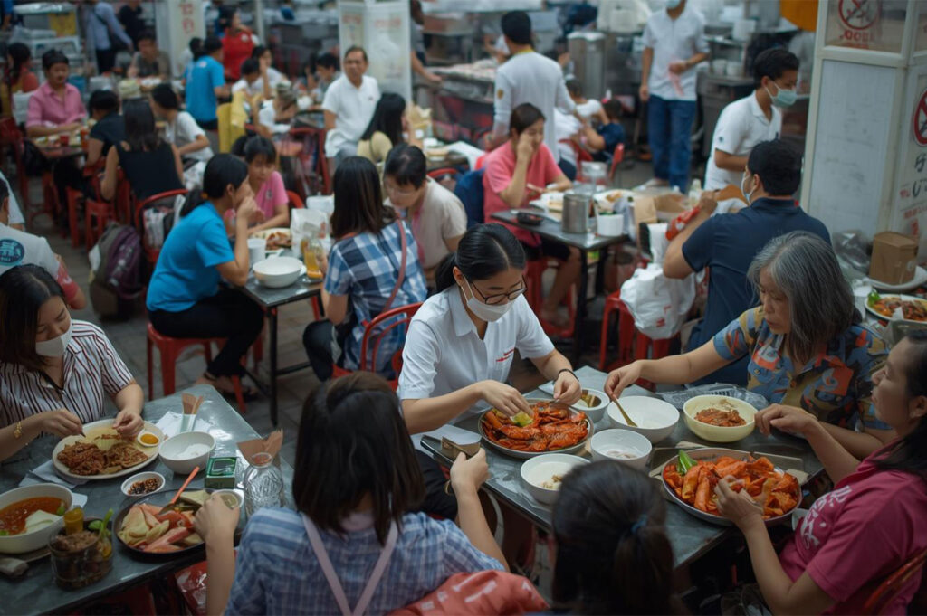 A lively scene of communal dining at a crowded Singapore hawker centre, with diverse groups of people sharing meals and enjoying various dishes like chili crab at long tables.