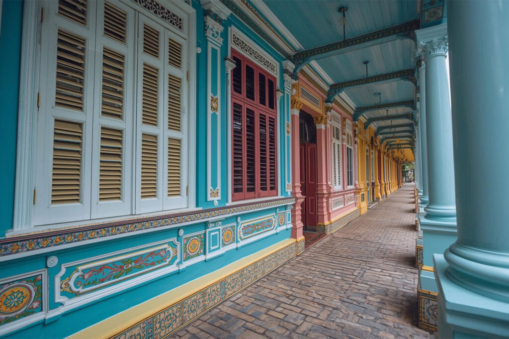 A perspective shot looking down the iconic 'five-foot way' of a Singapore shophouse, featuring a brick-tiled path, supportive columns, and brightly painted teal, pink, and yellow walls with ornate mouldings and louvered windows