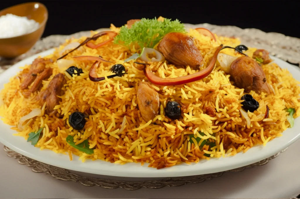 A steaming bowl of aromatic biryani is presented with colorful layers of long-grain basmati rice and tender pieces of meat, topped with crispy fried onions and fresh mint leaves. The dish is set against a warm, rustic background, with visible wisps of steam suggesting it has just been served fresh and hot.