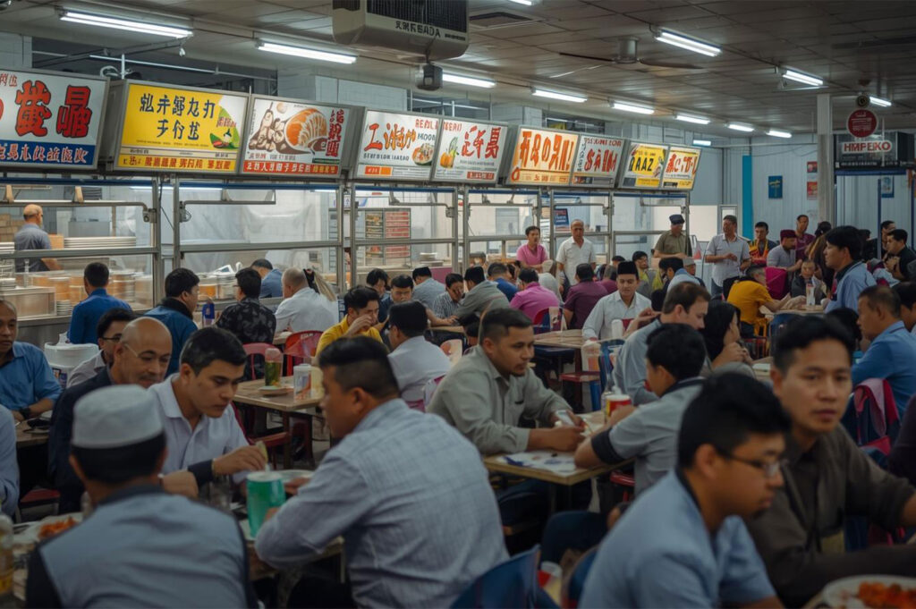A wide, interior view of a typical, crowded Singaporean hawker center, with numerous customers eating at tables beneath rows of brightly lit food stall signage.