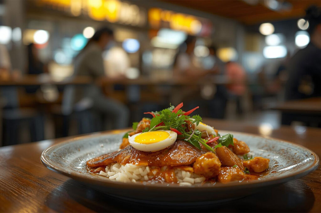 A modern presentation of Nasi Lemak served in a stylish bowl on a wooden table, featuring rice, sambal, a sunny-side-up egg, and other toppings, with the blurred background of a contemporary Singaporean food hall.