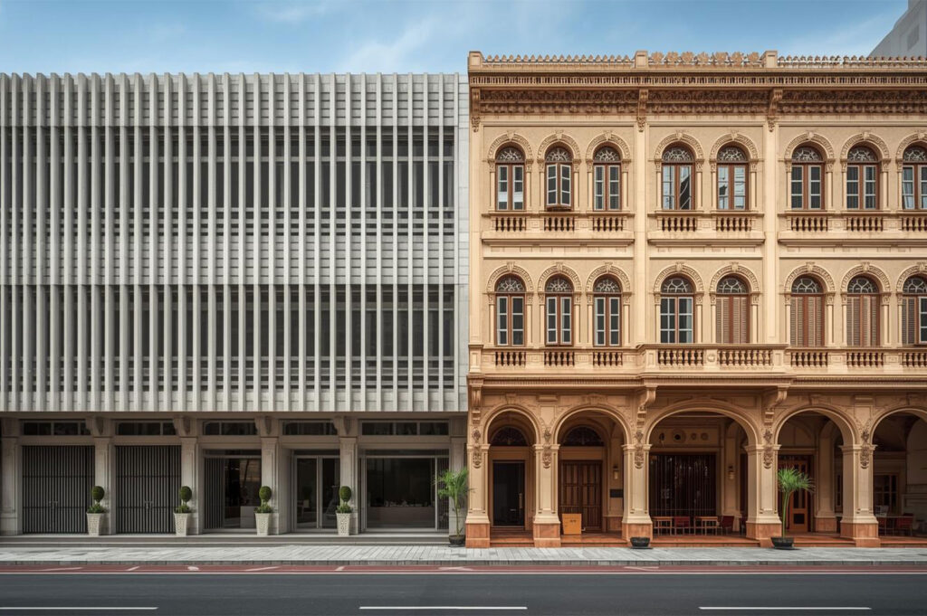 A side-by-side comparison of shophouse architecture, showing a modern, minimalist building with a white vertical fin facade next to an ornate, restored traditional shophouse, illustrating architectural evolution