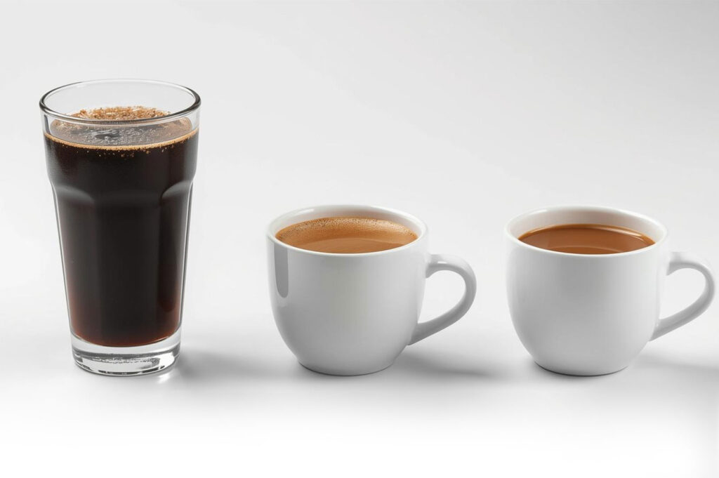 A side-by-side comparison of three different types of kopi: a tall glass of black coffee (Kopi O), a white mug of coffee with condensed milk (Kopi C), and a mug of coffee with evaporated milk and sugar.