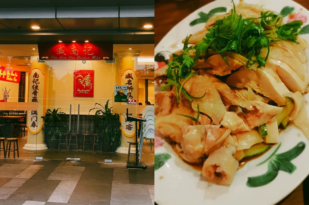 Left: An eye-level, medium-wide shot of the glass storefront entrance to Wee Nam Kee Chicken Rice, featuring yellow columns, a red logo sign, and indoor plants visible through the glass doors. Right: A close-up, three-quarter view of a plate of poached chicken garnished with fresh coriander leaves and served over crisp cucumber slices in a light savory sauce.