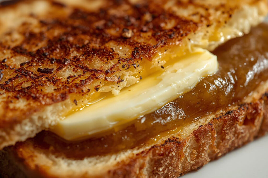 An extreme macro close-up of a classic Kaya Toast sandwich, showing a thick slice of cold butter melting onto the sweet, emerald-brown kaya coconut jam spread between two slices of golden, charcoal-grilled toast.