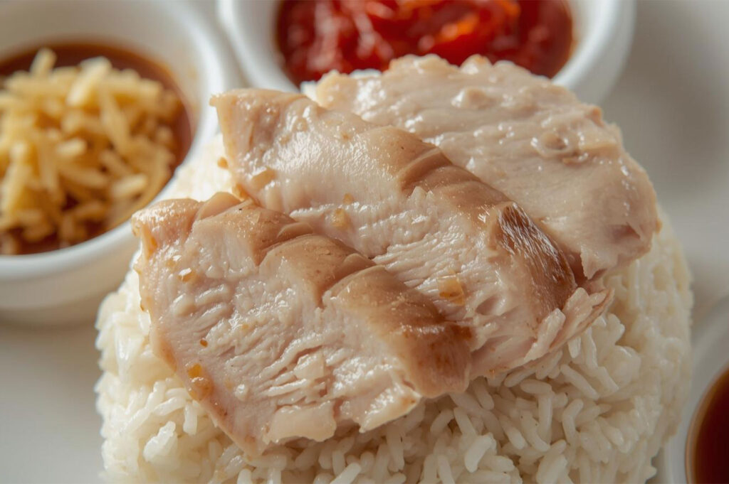 A close-up of a classic Singaporean Hainanese chicken rice dish, featuring tender poached chicken slices served over fragrant rice, with small bowls of red chili sauce and minced ginger in the background.