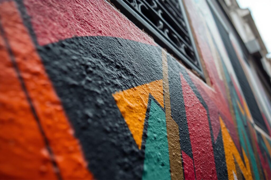 Close-up, angled view of a colorful street art mural with thick, textured paint and bold, geometric shapes in red, orange, black, and teal on a building wall.