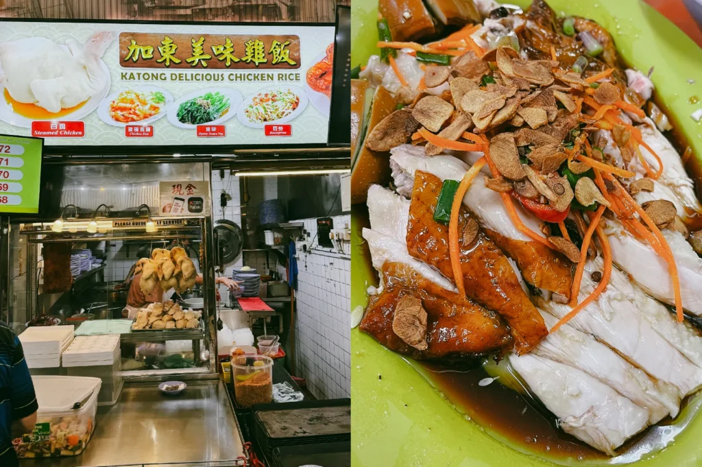 Left: An eye-level, medium shot of the Katong Delicious Chicken Rice stall, displaying a bright menu board overhead and whole cooked chickens hanging inside a glass-enclosed preparation counter. Right: A close-up, high-angle shot of roasted and poached chicken meat served on a bright green plate, topped with fried garlic chips, shredded carrots, and green spring onions in a dark soy sauce glaze.