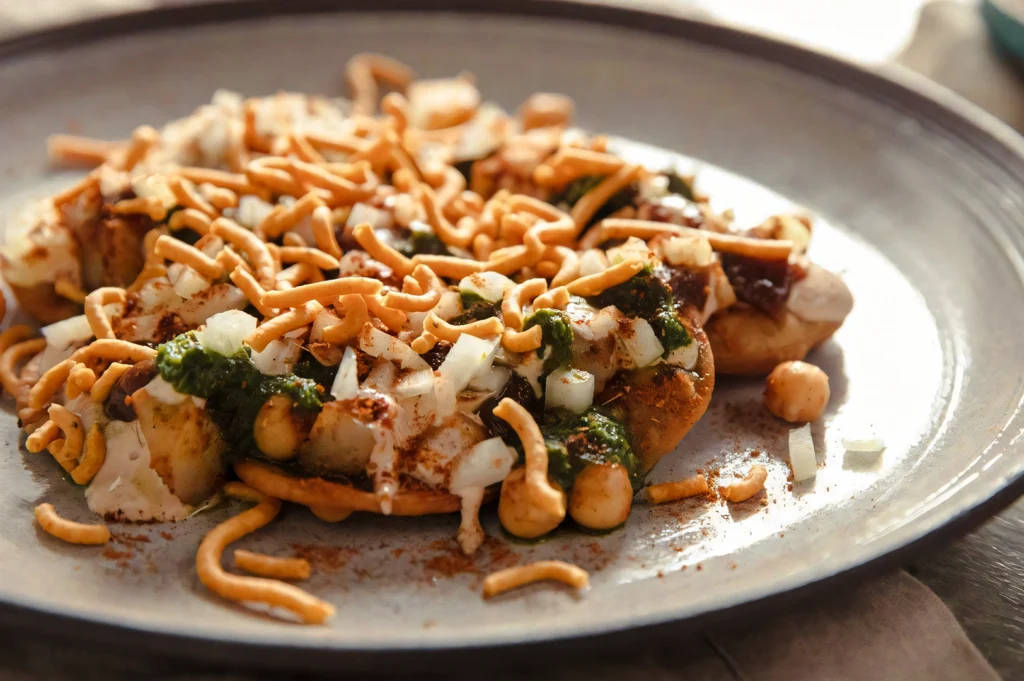 Close-up three‑quarter angle food photography of Indian chaat topped with crispy sev, chickpeas, yogurt, chutneys, and spices, served on a ceramic plate, highlighting vibrant textures and street‑food flavors.