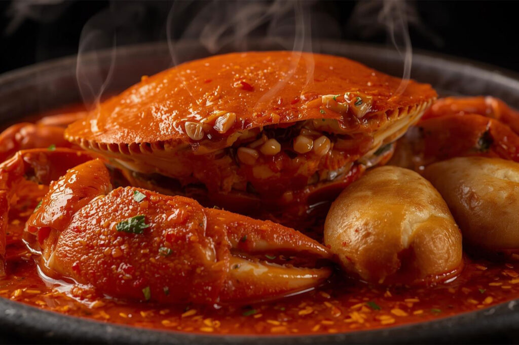 A mouth-watering close-up of the iconic Singapore chili crab, with a whole steaming crab coated in a rich, vibrant red sweet and savory sauce.