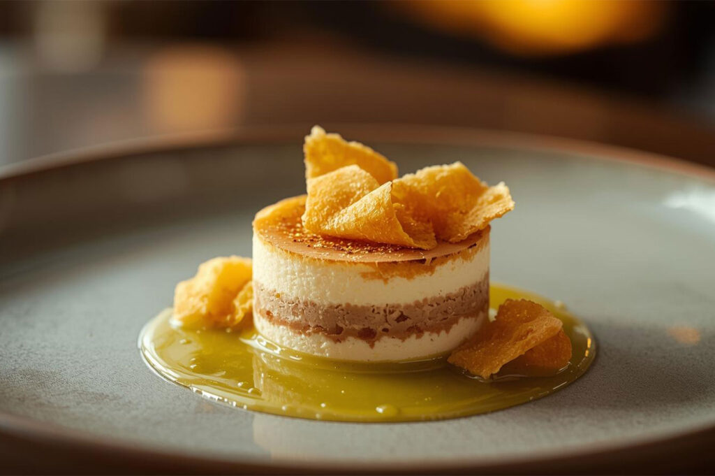 A gourmet, deconstructed take on the classic Singaporean kaya toast, presented as a modern layered dessert with crispy tuiles on a fine dining plate, showcasing culinary innovation.