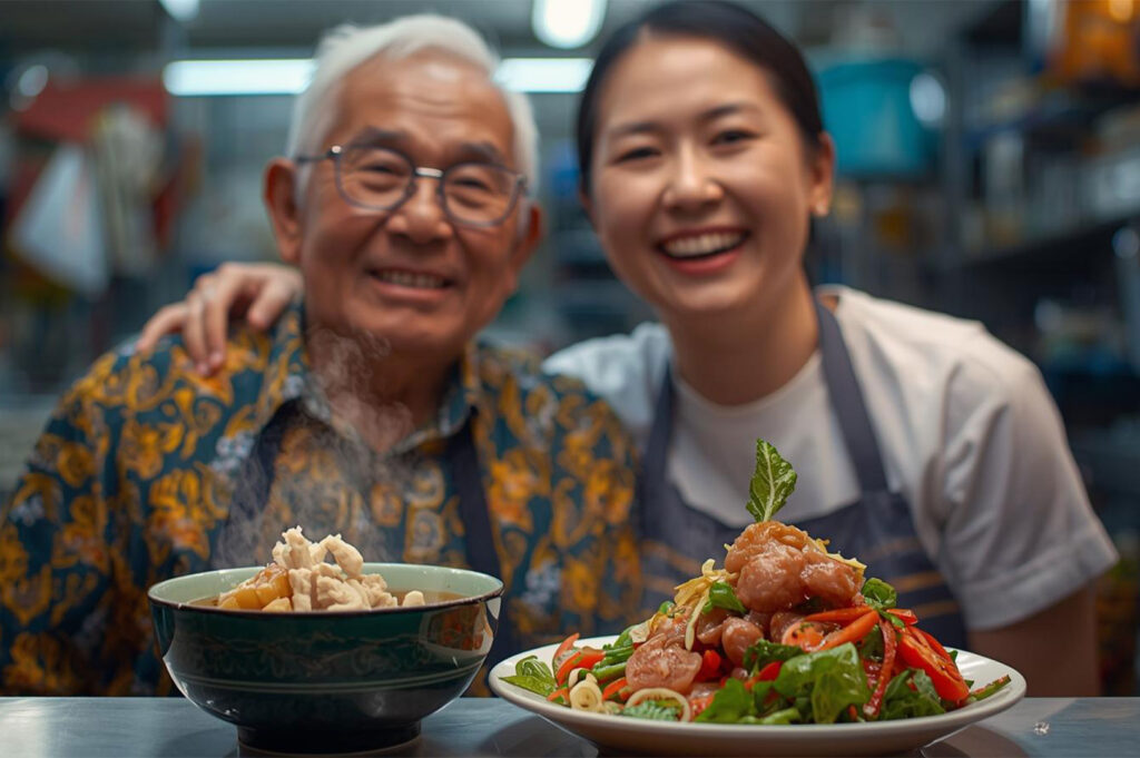 An elderly hawker pioneer and a young female "hawkerpreneur" smile together, representing the passing of tradition to the next generation in Singapore's food scene, with both a classic and a modern dish in front of them.