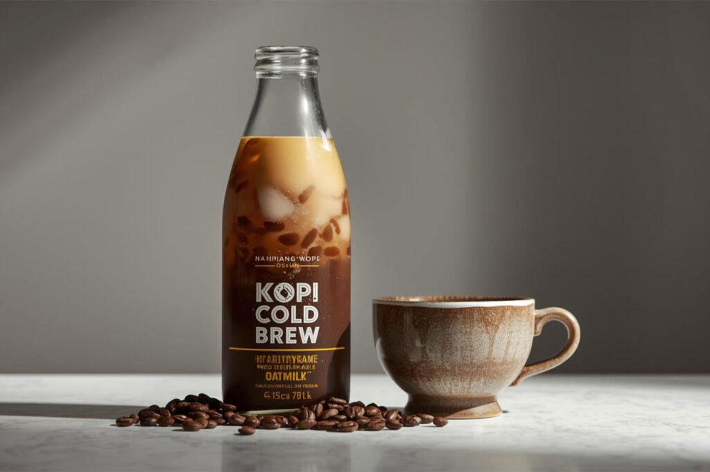 A well-lit product shot of a clear glass bottle of Kopi Cold Brew with oat milk and ice, standing next to a rustic ceramic mug and scattered roasted coffee beans.