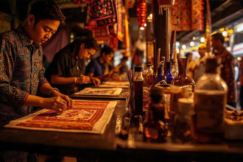 A Malaysian or Indonesian artisan intently applying wax or dye to a traditional batik fabric design at a brightly lit night market stall.