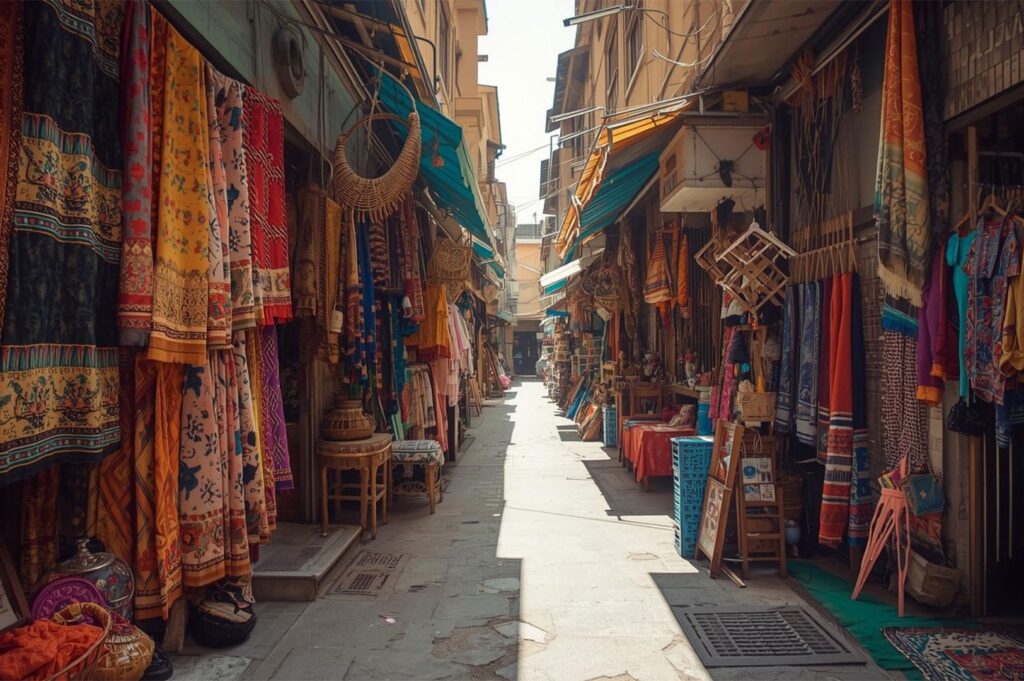 A narrow, sunlit alleyway lined with colorful, patterned textiles, scarves, and fabrics hanging from shophouses, creating a vibrant textile market scene.