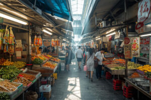 A long, high-angle shot down the narrow aisle of a bustling Asian open-air market with a covered roof, showing vendors selling piles of colorful fresh fruits and vegetables on stalls.