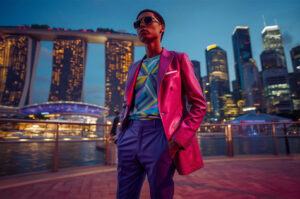 Fashion model posing in a vibrant pink suit and blue pants against the illuminated Singapore skyline, featuring Marina Bay Sands, at dusk.