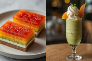 Split image showing two desserts: on the left, rectangular slices of multi-colored layered jelly (agar-agar) on a white plate; on the right, a tall glass of green matcha or avocado shake topped with whipped cream and a slice of fruit, showcasing Singaporean dessert variety.