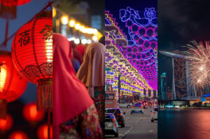 A vertical photo collage representing Singapore's cultural diversity, showing a Chinese New Year lantern, a Muslim woman in a hijab, Deepavali street lights, and National Day fireworks.