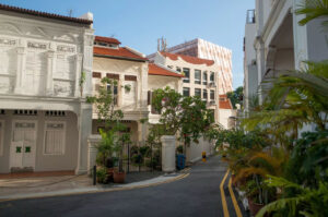 Quiet residential street view lined with well-preserved traditional white Singapore shophouses with terracotta roofs, potted plants, and a modern commercial building in the background.