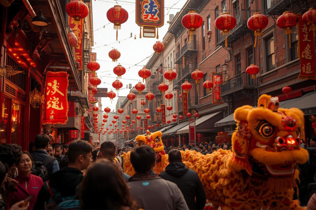 A street scene in Chinatown during Chinese New Year, featuring a crowd watching a lion dance performance under rows of traditional red lanterns.