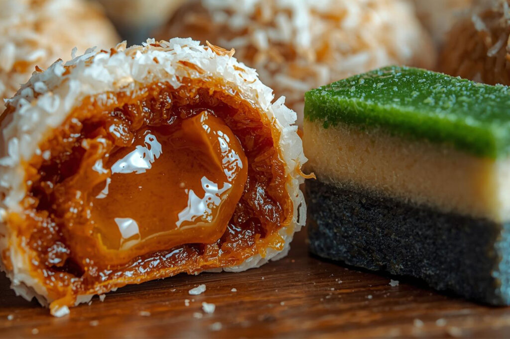 Close-up of two Singaporean sweets: a cross-section of a round candy filled with melted caramel/sugar and covered in shredded coconut (similar to ondeh-ondeh), next to a layered block of kueh or pudding with green, white, and dark grey layers.
