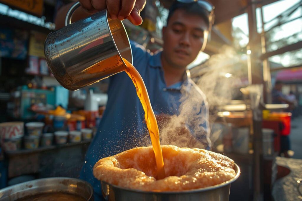 A street vendor in a blue shirt skillfully pouring or "pulling" a stream of frothy, hot Malaysian milk tea (Teh Tarik) between two metal mugs in a dramatic, sunlit close-up.
