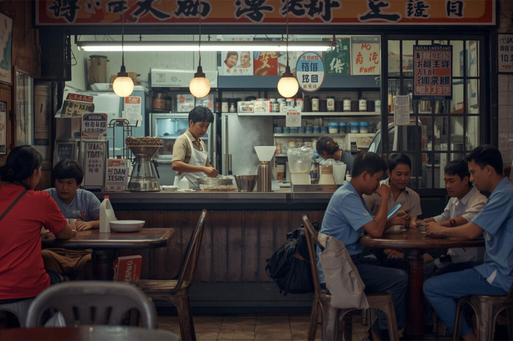 Interior of a vintage-style Singaporean kopi tiam (coffeeshop) with wooden paneling, hanging globe lights, a central counter, and customers seated at round wooden tables.