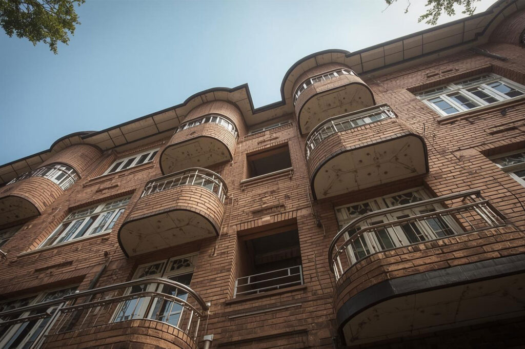 Worm's-eye view, upward shot of a brick apartment building in Singapore (Tiong Bahru), highlighting the curved brick balconies and Art Deco style against a bright blue sky.
