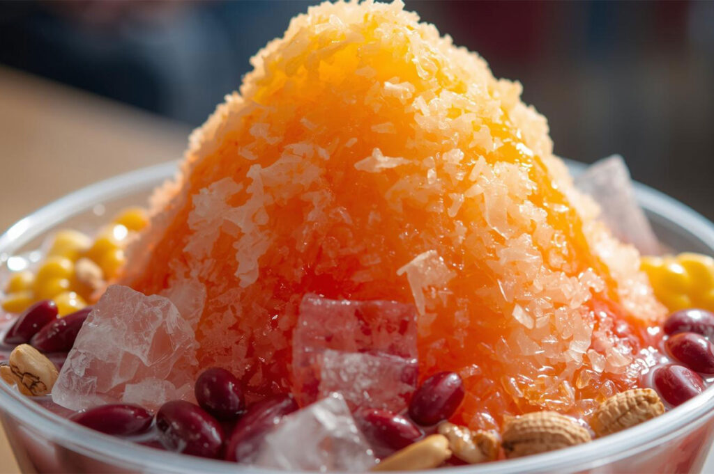 Extreme close-up of a bowl of a Singaporean shaved ice dessert (Ice Kachang), featuring a large mound of orange-colored shaved ice over red beans, whole peanuts, corn kernels, and large ice chunks.