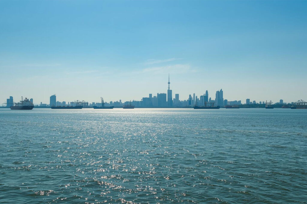 A landscape image taken from the Woodlands Waterfront Jetty , looking directly across the Johor Strait (Selat Johor) towards the distant cityscape of Johor Bahru in Malaysia.