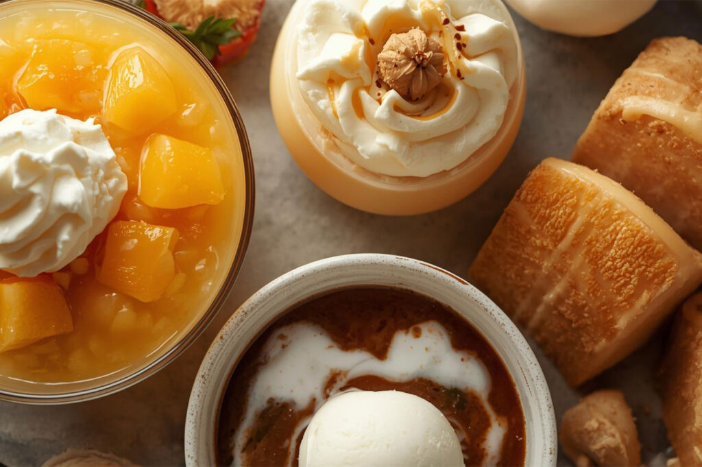 Overhead view of a Singaporean dessert arrangement featuring multiple bowls: a glass bowl of diced mangoes and cream/pudding, a bowl of dark brown taho (silken tofu with syrup) topped with vanilla ice cream, a small dessert with whipped cream and a nut, and slices of buttery pastries or kueh.